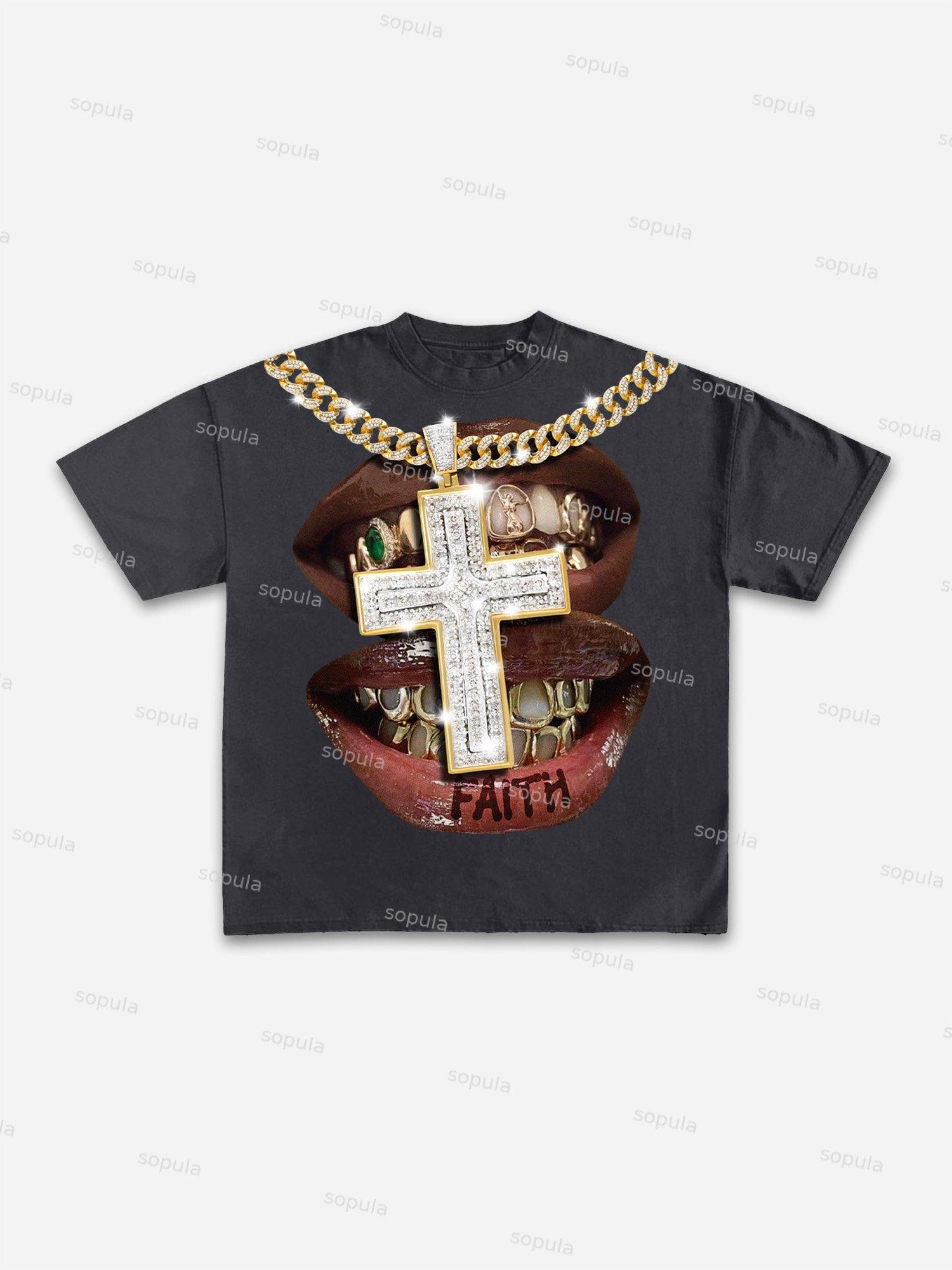 Faith Cross Diamond Necklace Lips Graphic Cotton T-shirt Product Image