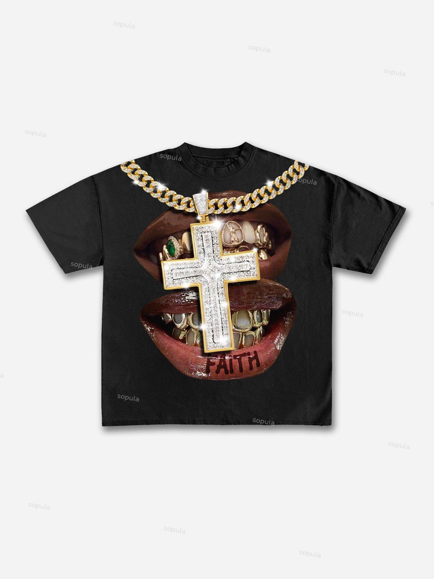 Faith Cross Diamond Necklace Lips Graphic Cotton T-shirt Product Image