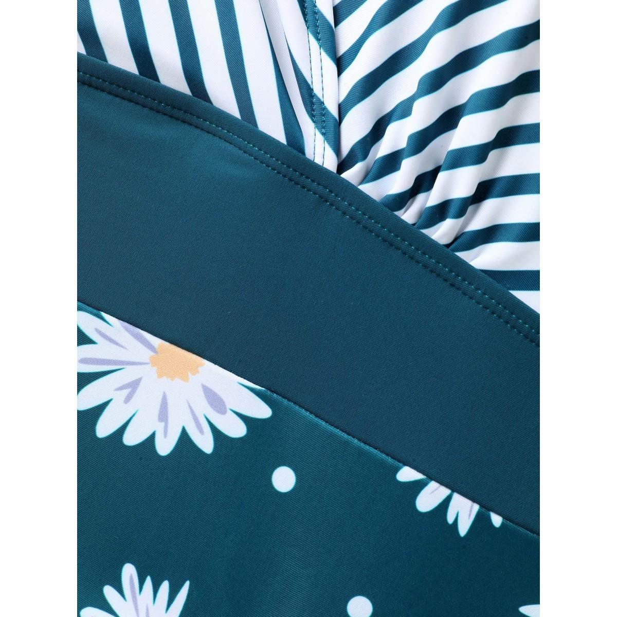 Plus Size Floral Stripe Print Ruched One-Piece Swimsuit Women's Swimwear Cyan Resort Gathered Curve Bathing Suits High stretch One Pieces BloomChic 26/4X Product Image