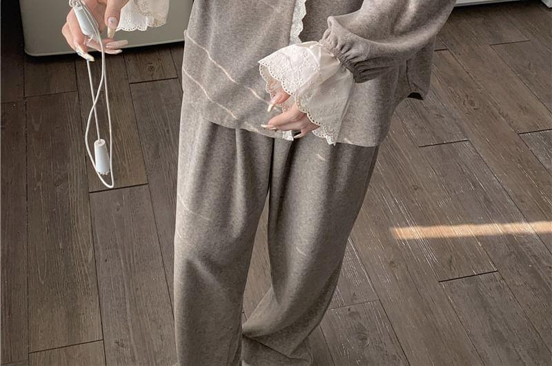 Loungewear Set : Long-Sleeve Lace Trim Shirt + Pants Product Image