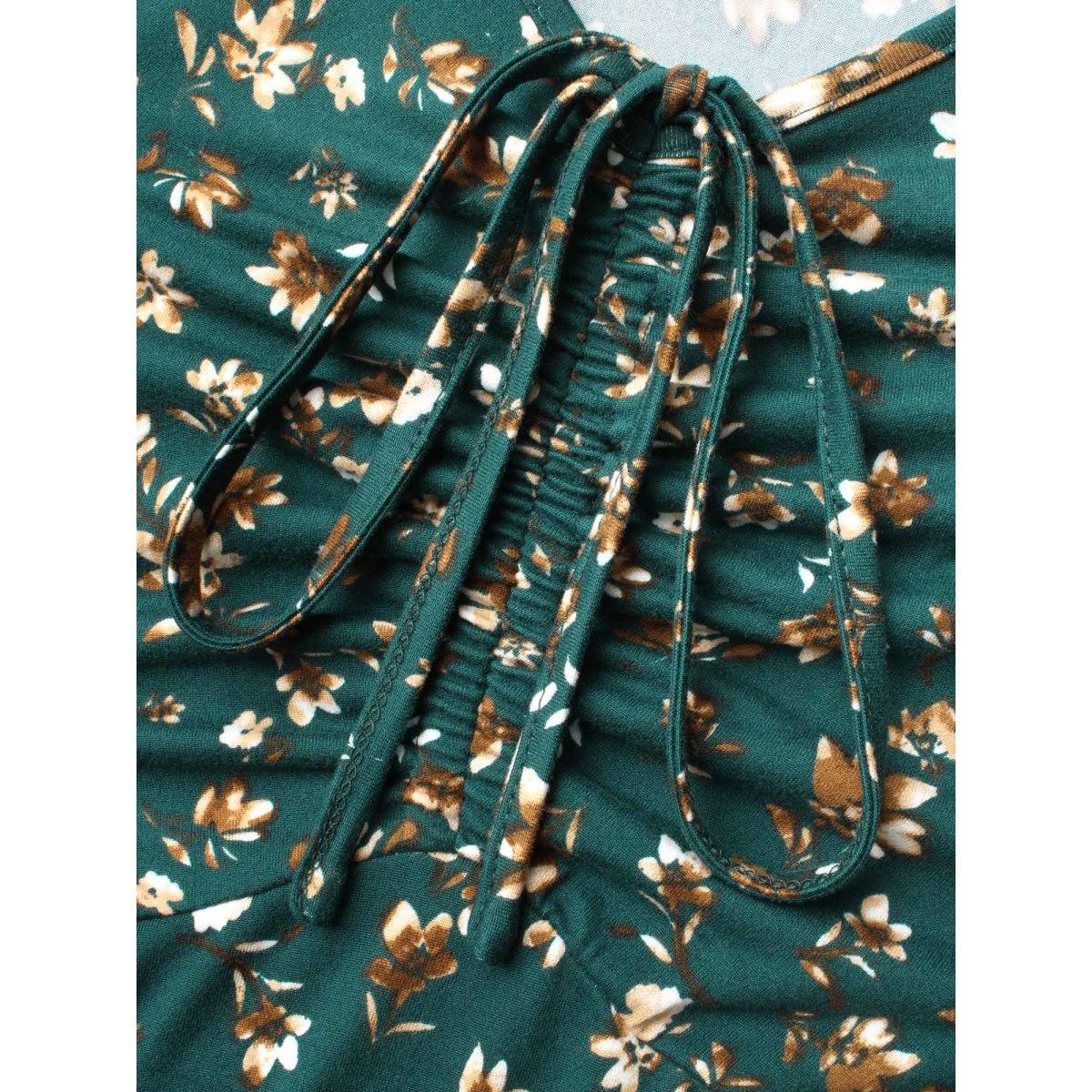 Plus Size Ditsy Floral Chest Drawstring Midi Dress DarkGreen Women Elegant Drawstring Knit Dresses Bloomchic 30/6X Product Image