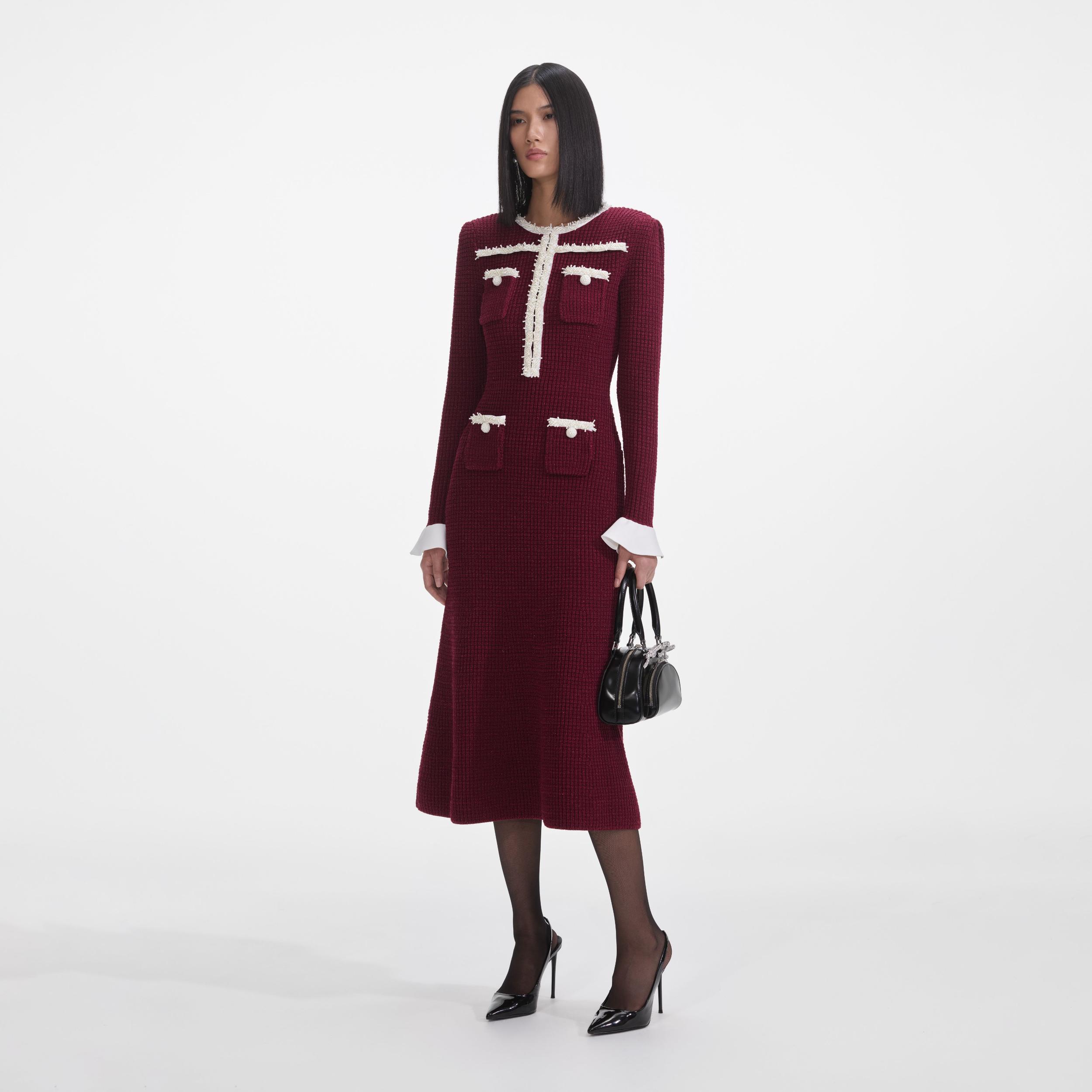 Burgundy Pearl Trim Knit Midi Dress Product Image