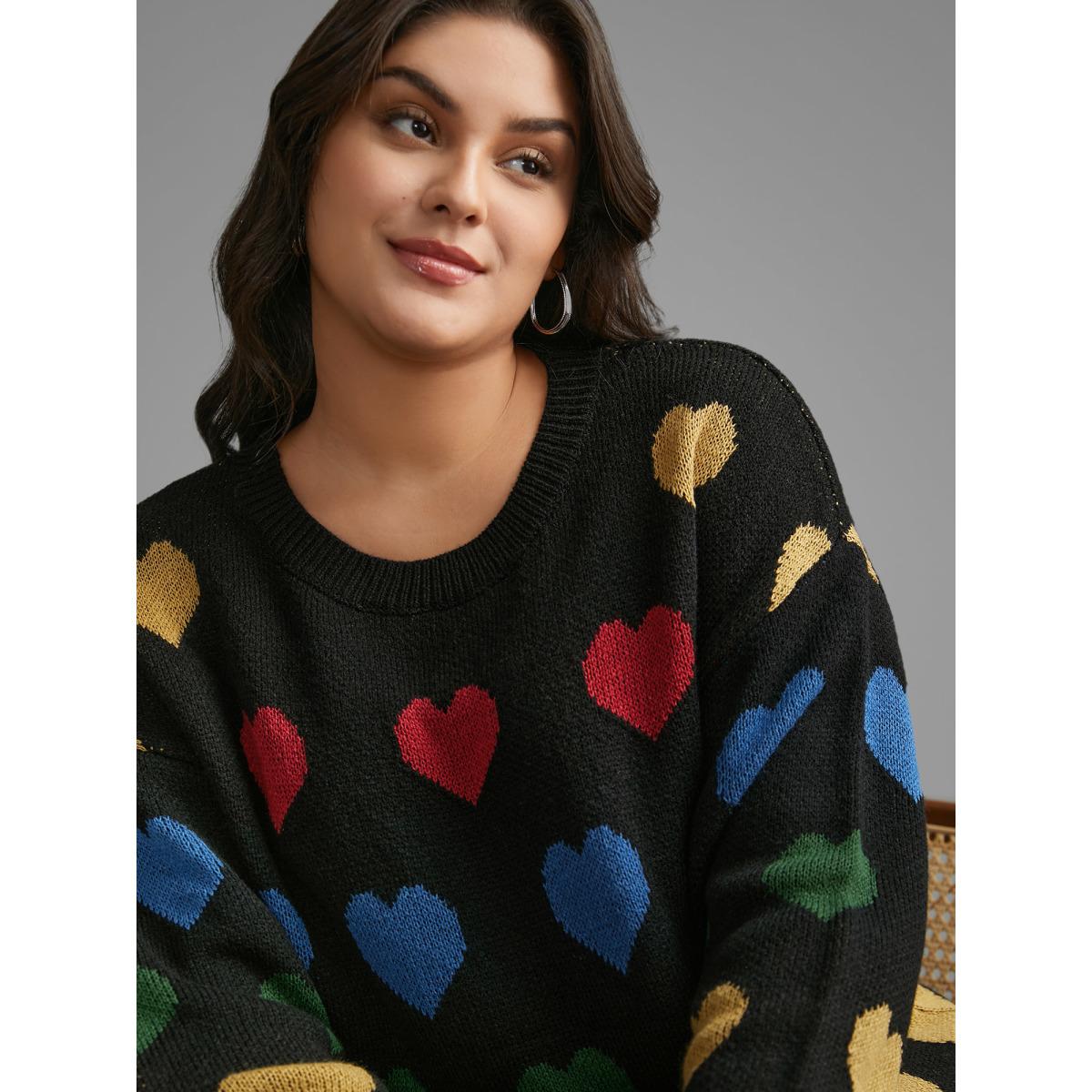Plus Size Colored Heart Drop Shoulder Sleeve Pullover Black Women Casual Loose Long Sleeve Round Neck Everyday Pullovers BloomChic 26/4X Product Image