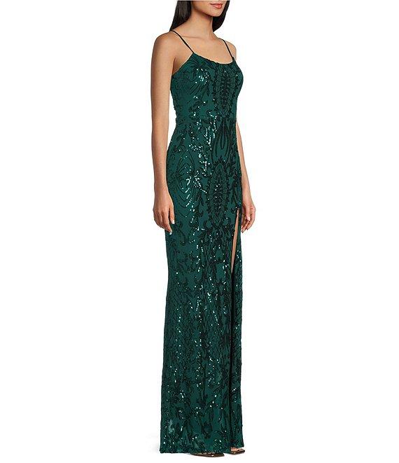 Midnight Doll Patterned Sequin Scoop Neck Spaghetti Strap Side Slit Long Dress Product Image