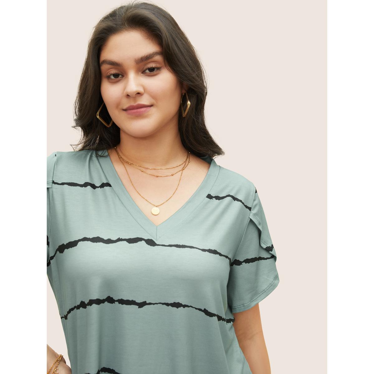 Plus Size Striped Contrast Petal Sleeve T-shirt Mint Women Elegant Striped Everyday T-shirts BloomChic 12/L Product Image