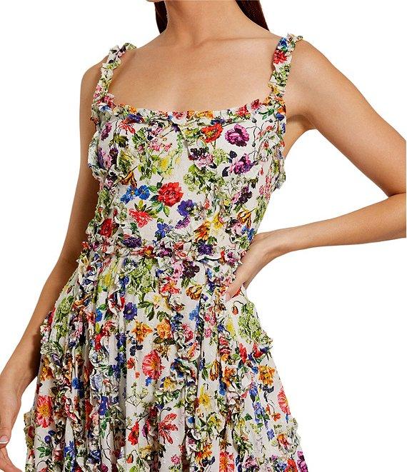 Mac Duggal Floral Print Scoop Neck Sleeveless Micro Ruffle A-Line Gown Product Image
