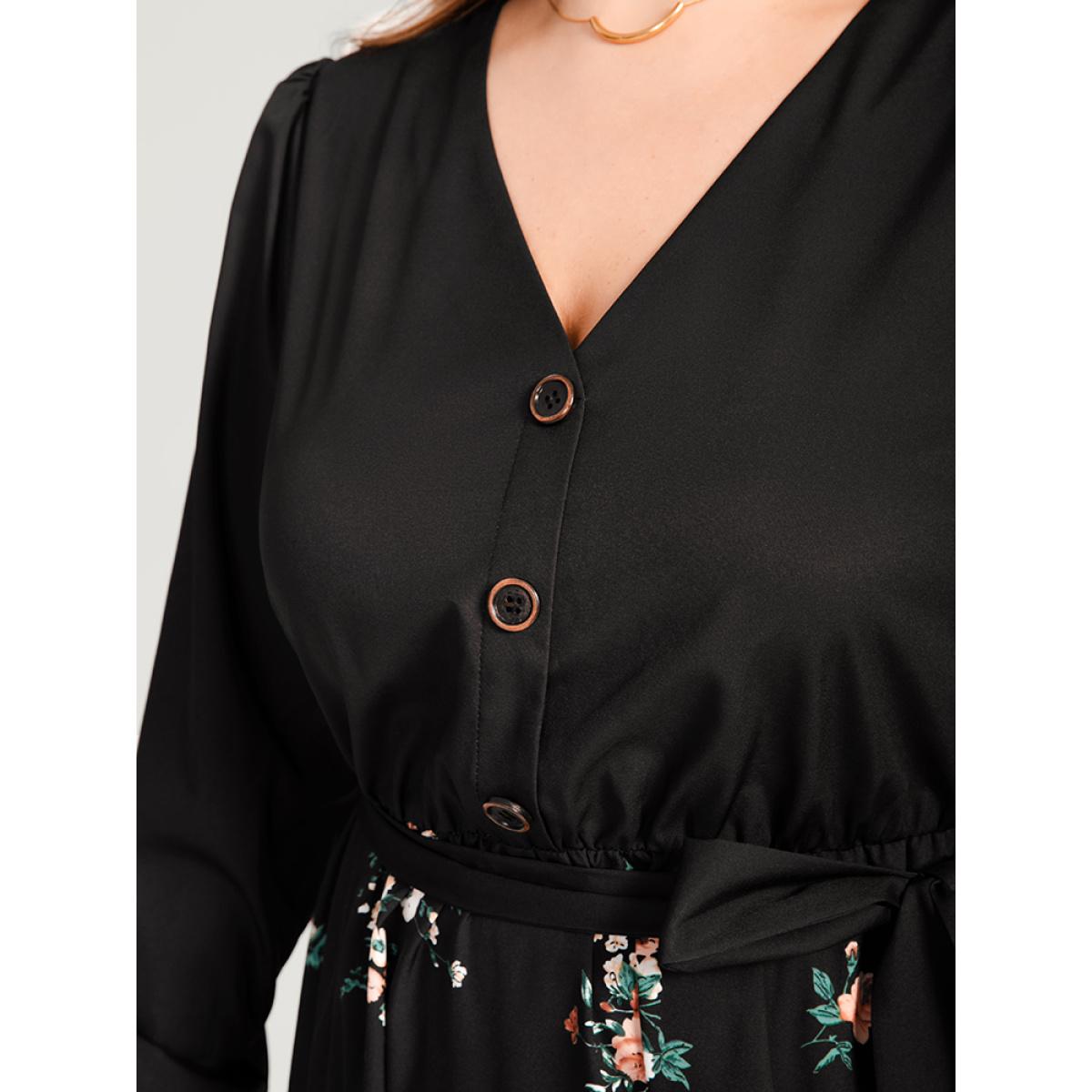 Plus Size Floral Lantern Sleeve Pocket Belted Wrap Flutter Dress Black Women Elegant Belted V-neck Long Sleeve Curvy Midi Dress BloomChic 22-24/3X Product Image