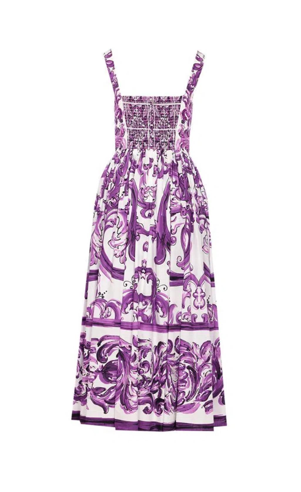 DOLCE & GABBANA Long Poplin Dress With Majolica Print In Purple Product Image