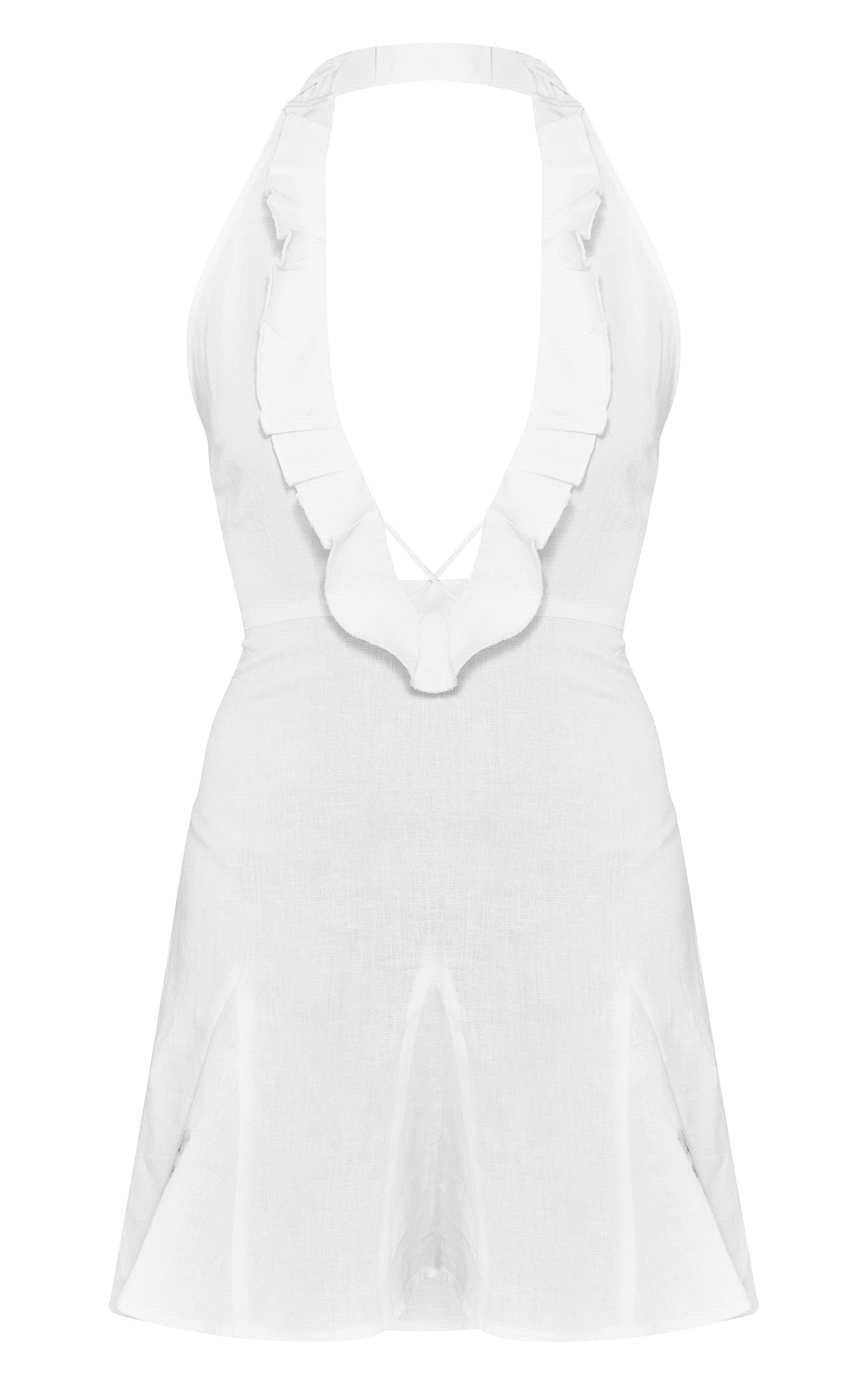 White Linen Frill Neck Cross Front Mini Dress Product Image