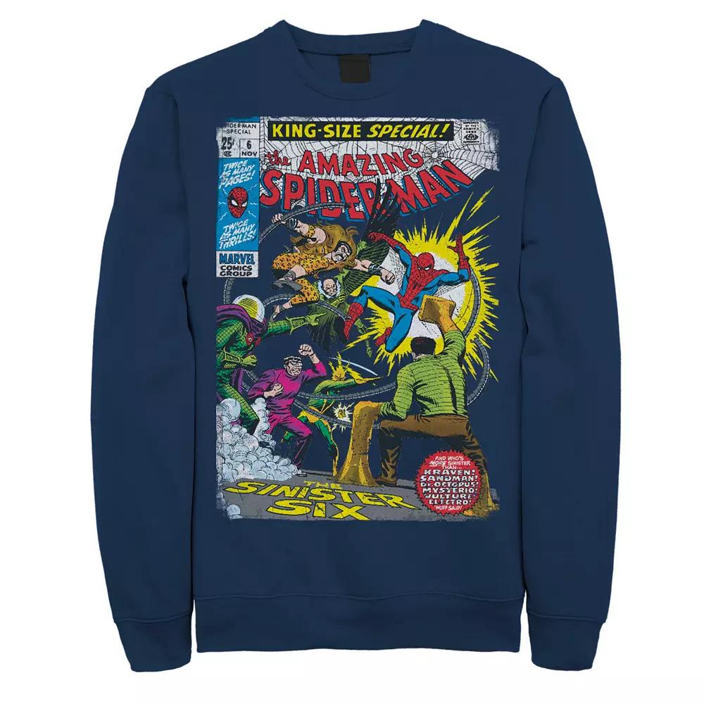 Big & Tall Spiderman The Sinister Six Comic Cover Fleece Graphic Pullover, Men's, Size: 4XL Tall, Blue Product Image