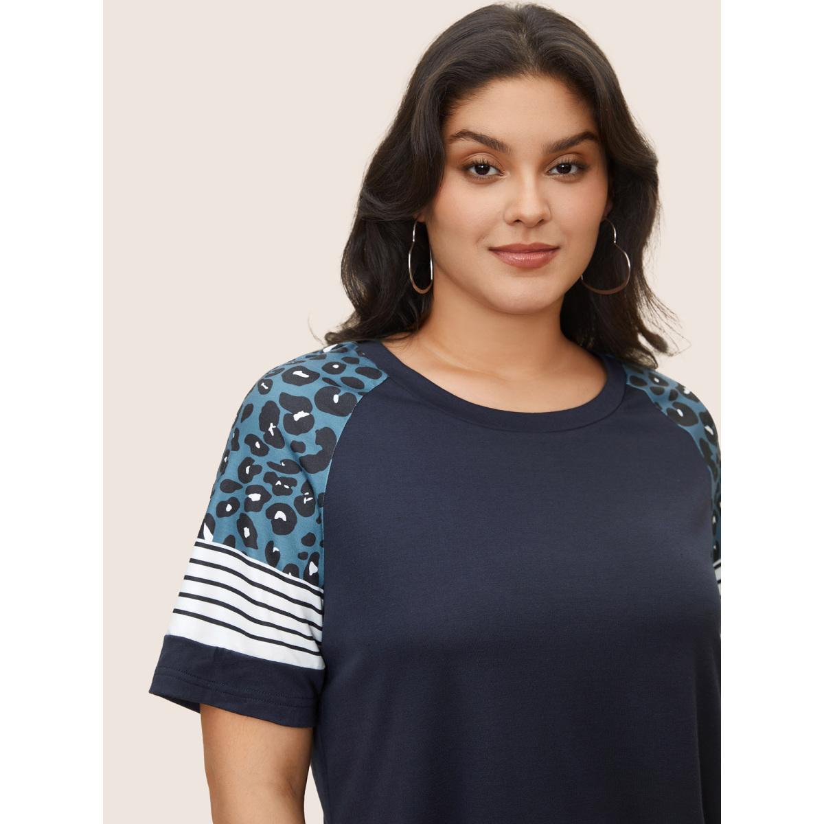 Plus Size Stripes Leopard Patchwork Raglan Sleeve T-shirt Midnight Women Casual Contrast Round Neck Everyday T-shirts BloomChic 26/4X Product Image