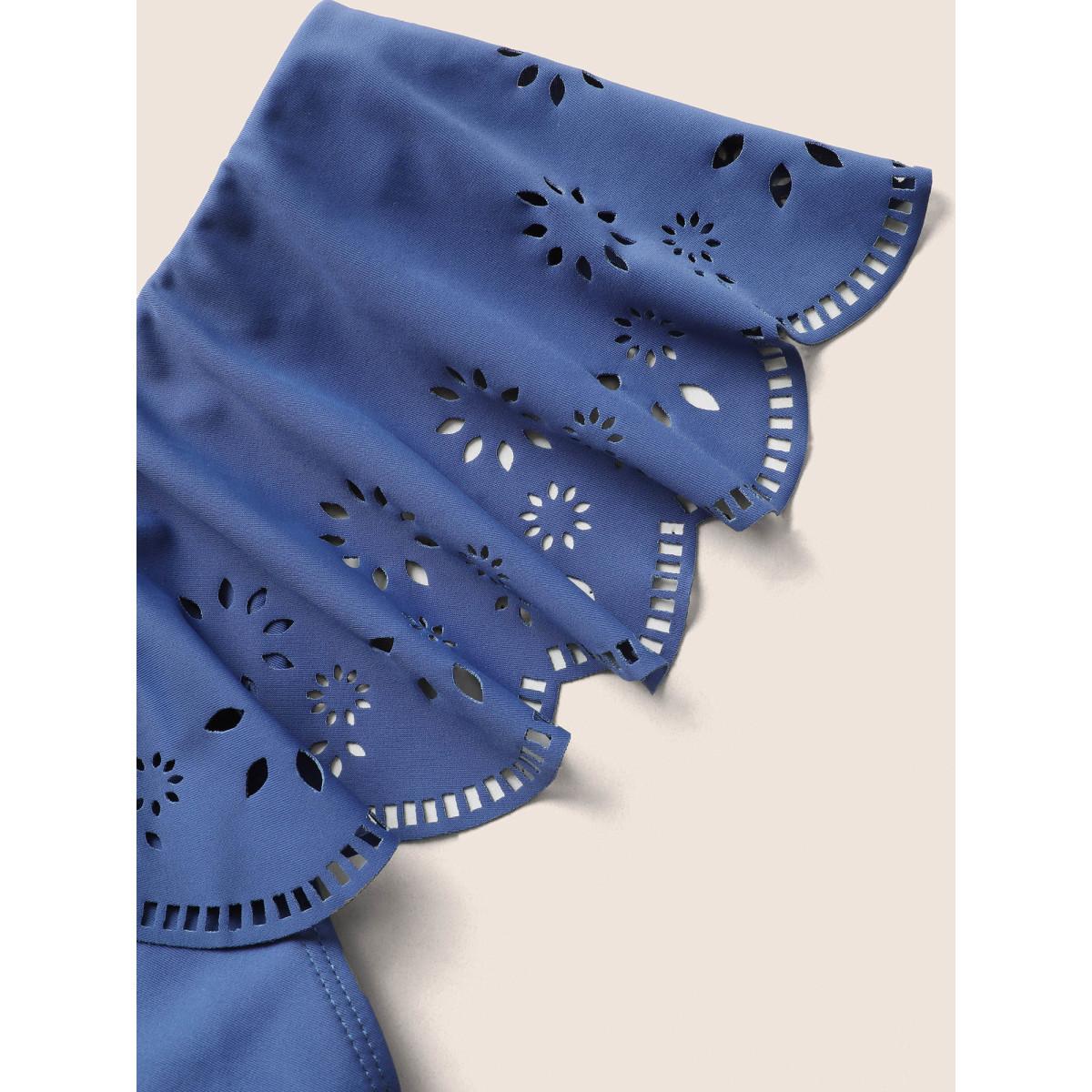 Plus Size Plain Laser Cut Flutter Trim One Piece Swimsuit Women's Swimwear Indigo Beach Gathered Curve Bathing Suits High stretch One Pieces BloomChic 28/5X Product Image