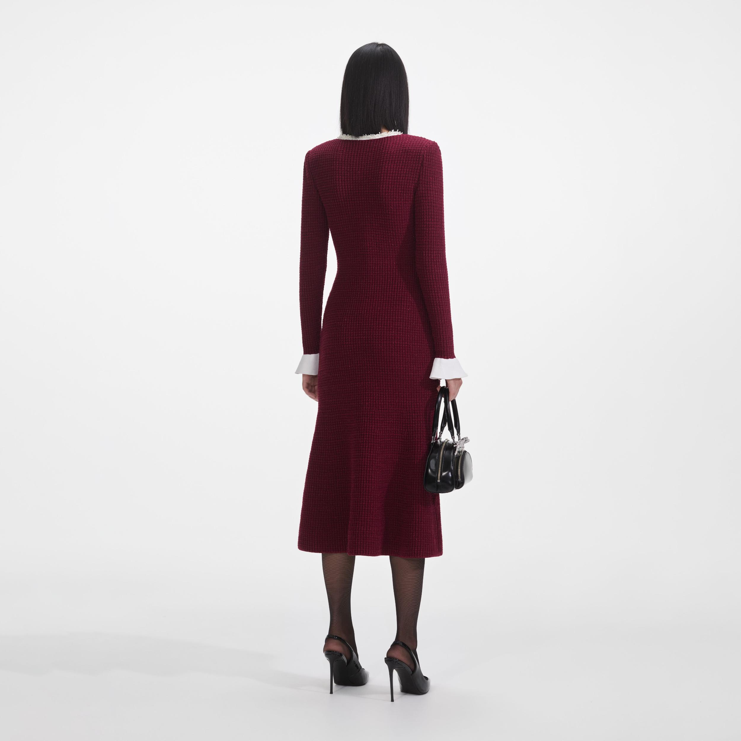 Burgundy Pearl Trim Knit Midi Dress Product Image