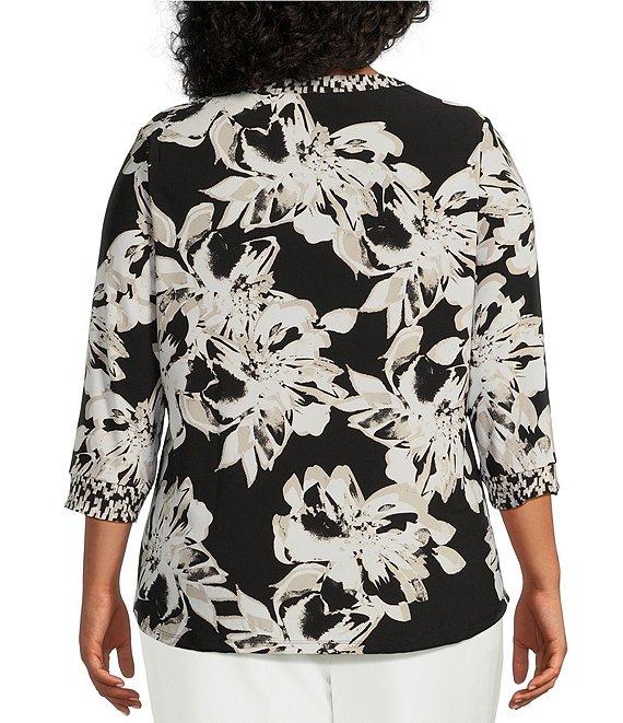 Kasper Plus Size Floral Twist Neck Mix Media Blouse Product Image