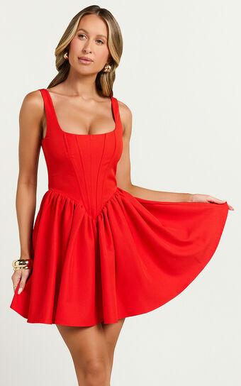 Aimee Mini Dress - Scoop Neck Corset Gathered Dress in Red Product Image