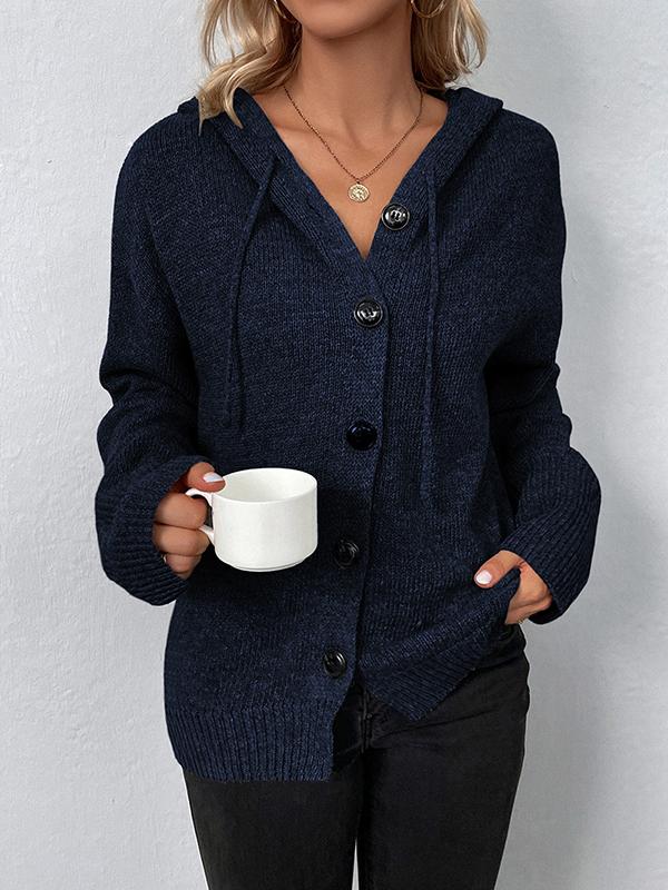 Wrap Buttoned Hooded Solid Color Cardigan Product Image