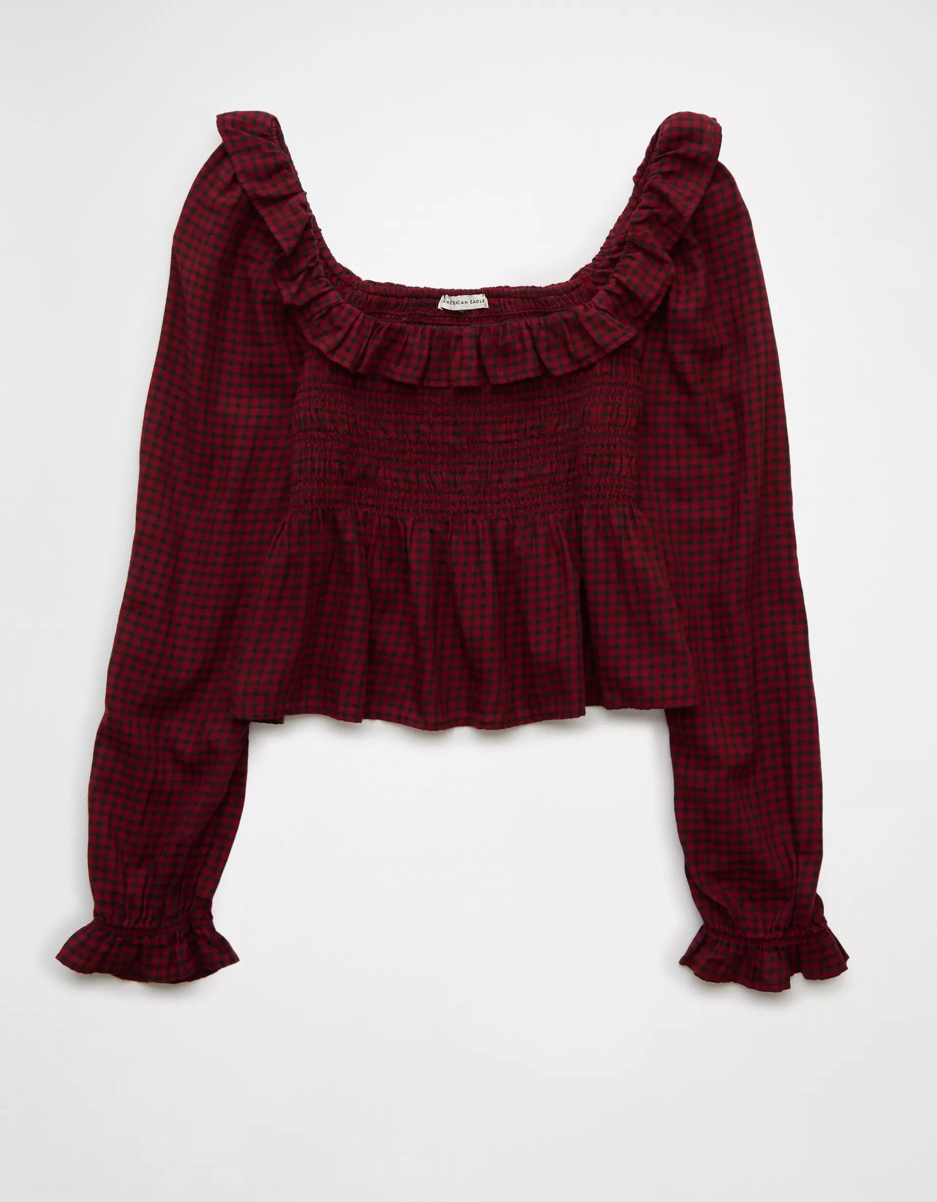 AE Long-Sleeve Smocked Ruffle Plaid Top Product Image