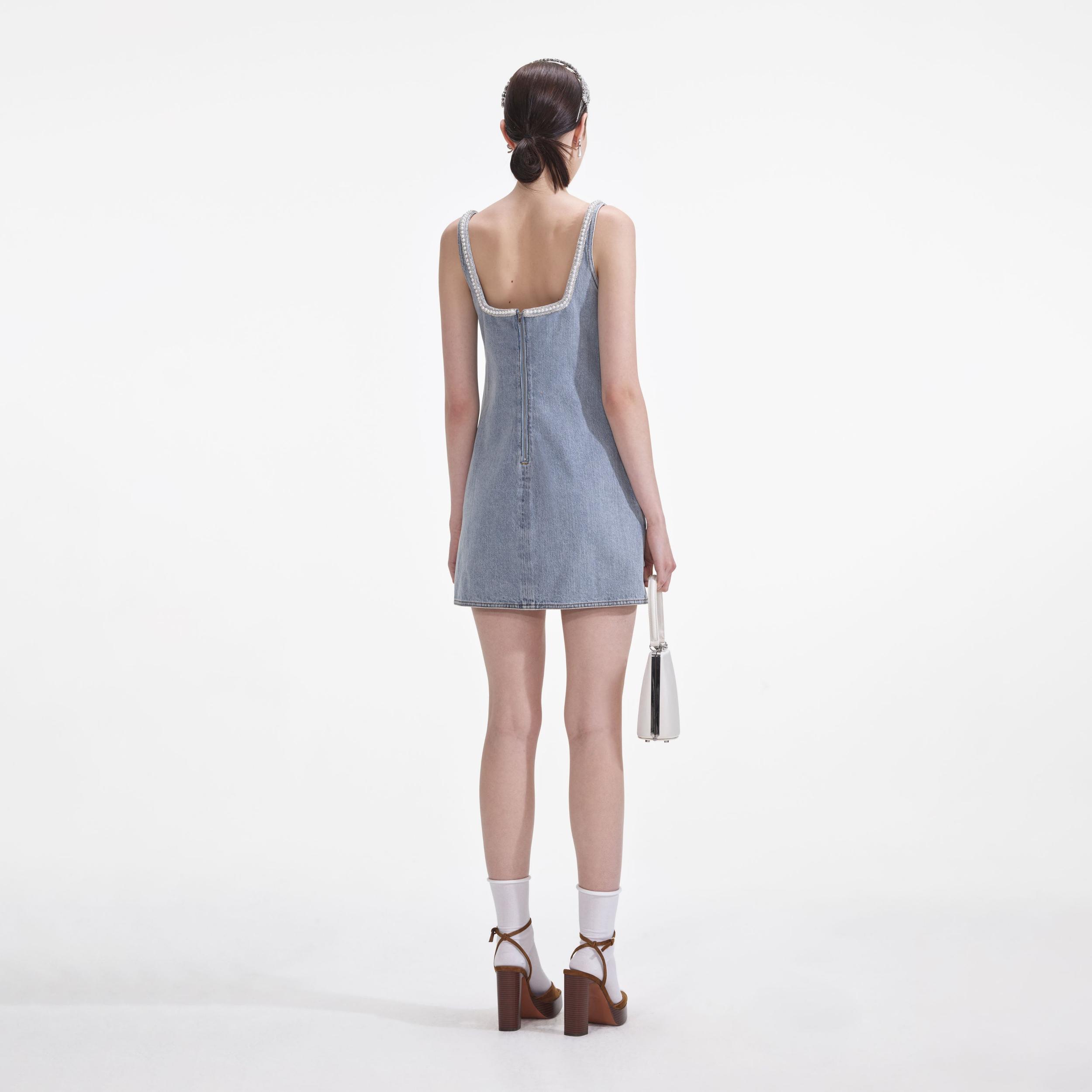 Light Blue Denim Bow Mini Dress Product Image