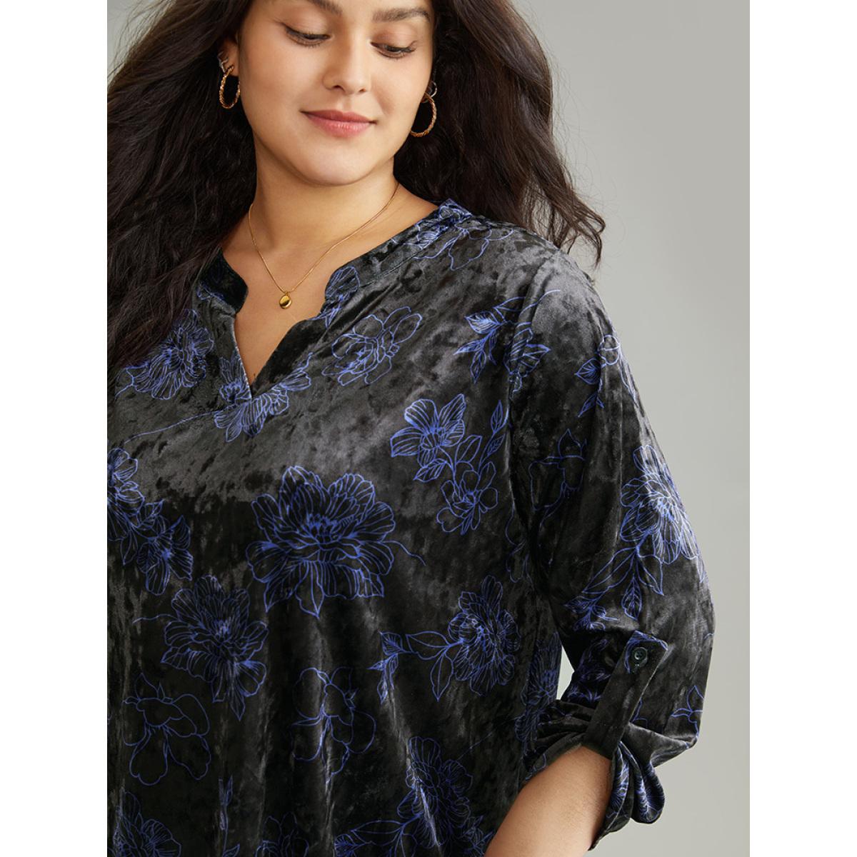 Plus Size Black Silhouette Floral Print Notched Roll Tab Sleeve Blouse Women Elegant Long Sleeve Notched collar Everyday Blouses BloomChic 14-16/1X Product Image