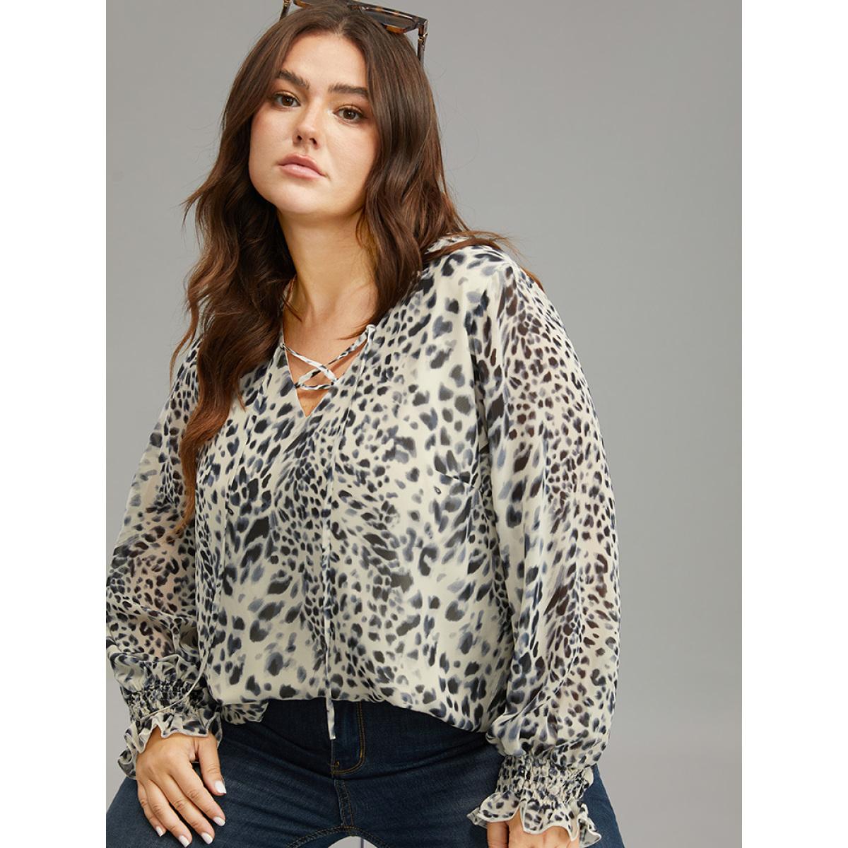 Plus Size Apricot Leopard Print Lace Up Shirred Blouse Women Elegant Long Sleeve V-neck Dailywear Blouses BloomChic 30/6X Product Image