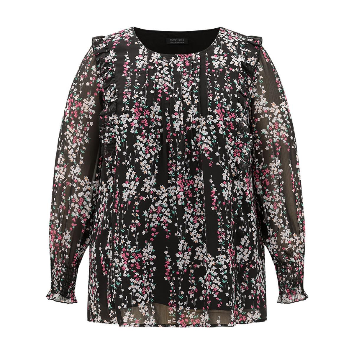 Plus Size Black Ditsy Floral Chiffon Ruffles Shirred Pleated Mesh Blouse Women Elegant Long Sleeve Round Neck Dailywear Blouses BloomChic 14-16/1X Product Image