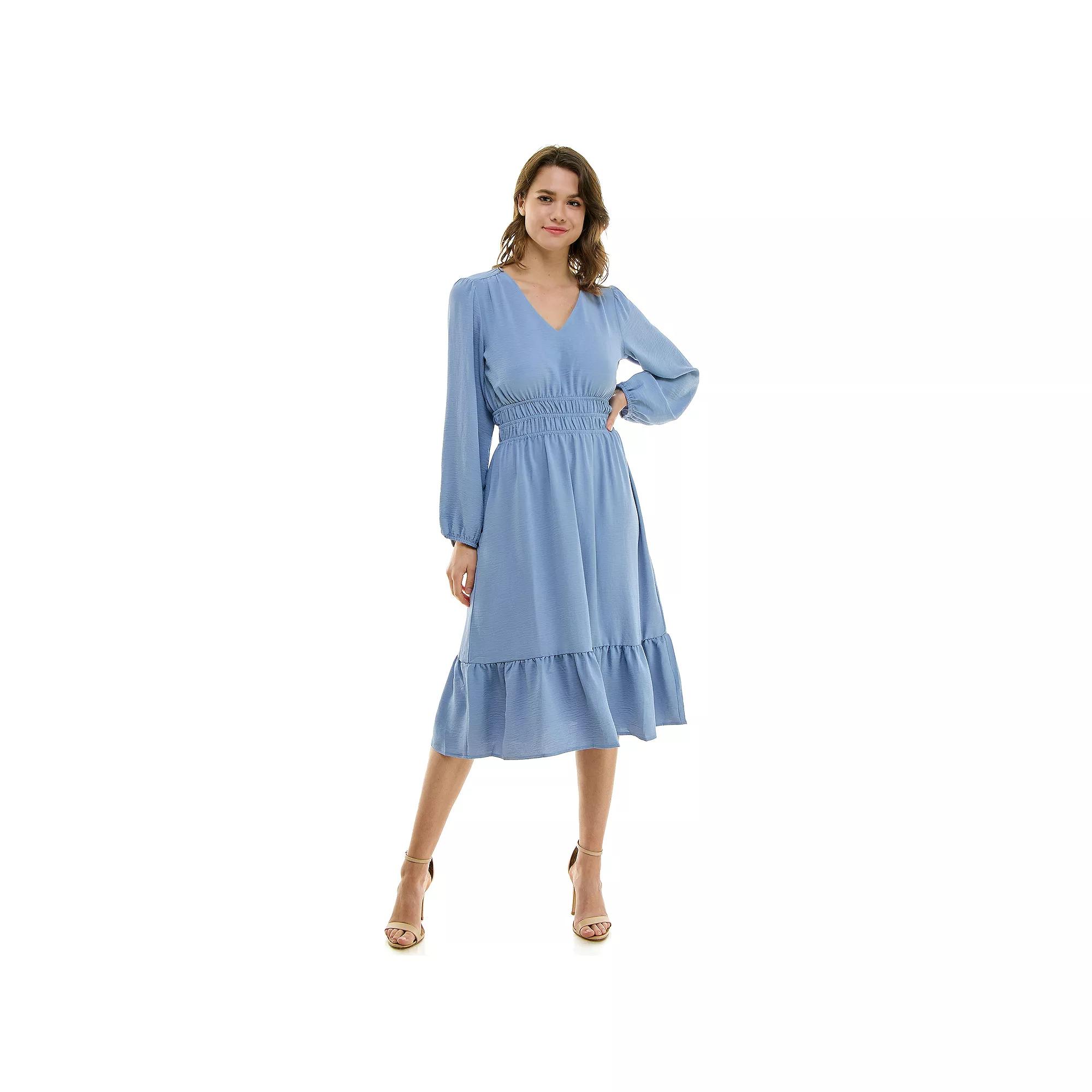Women's Luxology Smocked Waist V Neck Midi Dress, Size: Medium, Blue Product Image