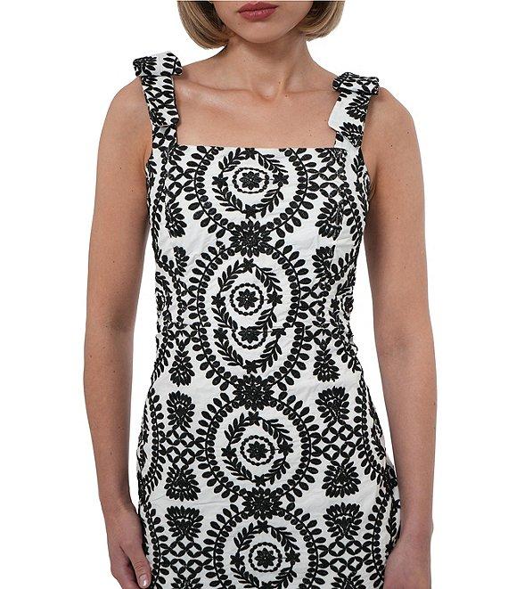 Adelyn Rae Embroidered Square Neck Sleeveless Bow Shoulder Mini Sheath Dress Product Image