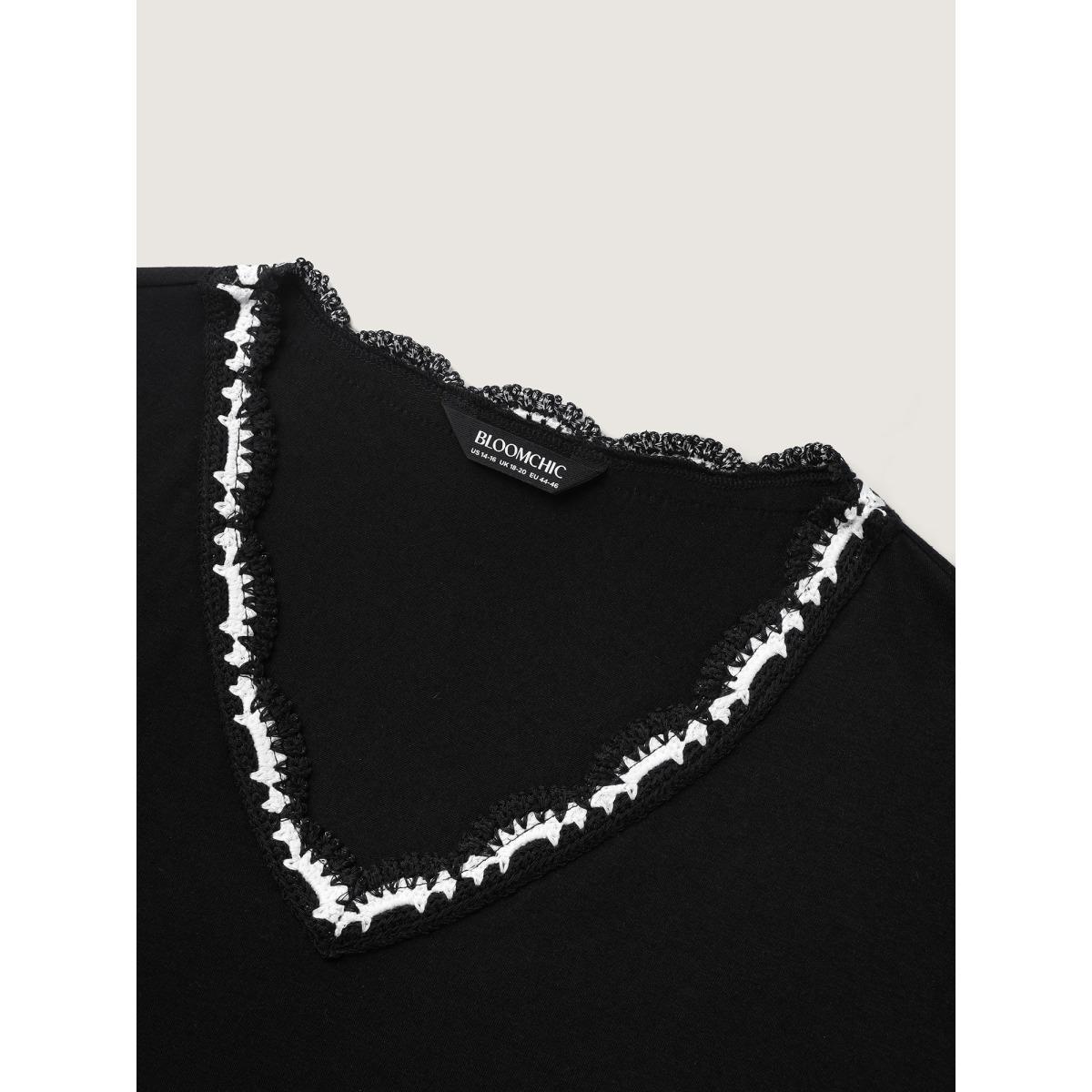 Plus Size Supersoft Stretchy Scalloped Neck Solid T-Shirt Black Women Leisure Woven ribbon&lace trim V-neck Casual T-shirts BloomChic 12/L Product Image