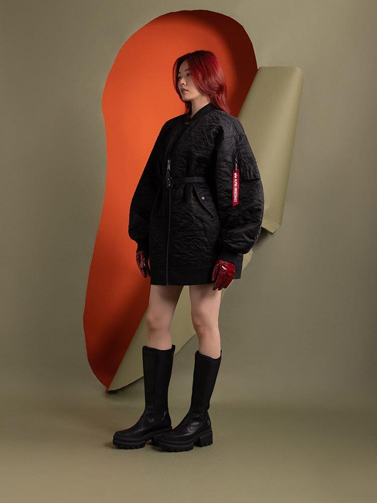 WOMEN'S CAMO QUILTED BELTED MA-1 BOMBER JACKET Product Image