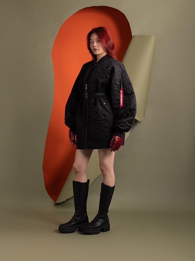 WOMEN'S CAMO QUILTED BELTED MA-1 BOMBER JACKET Product Image