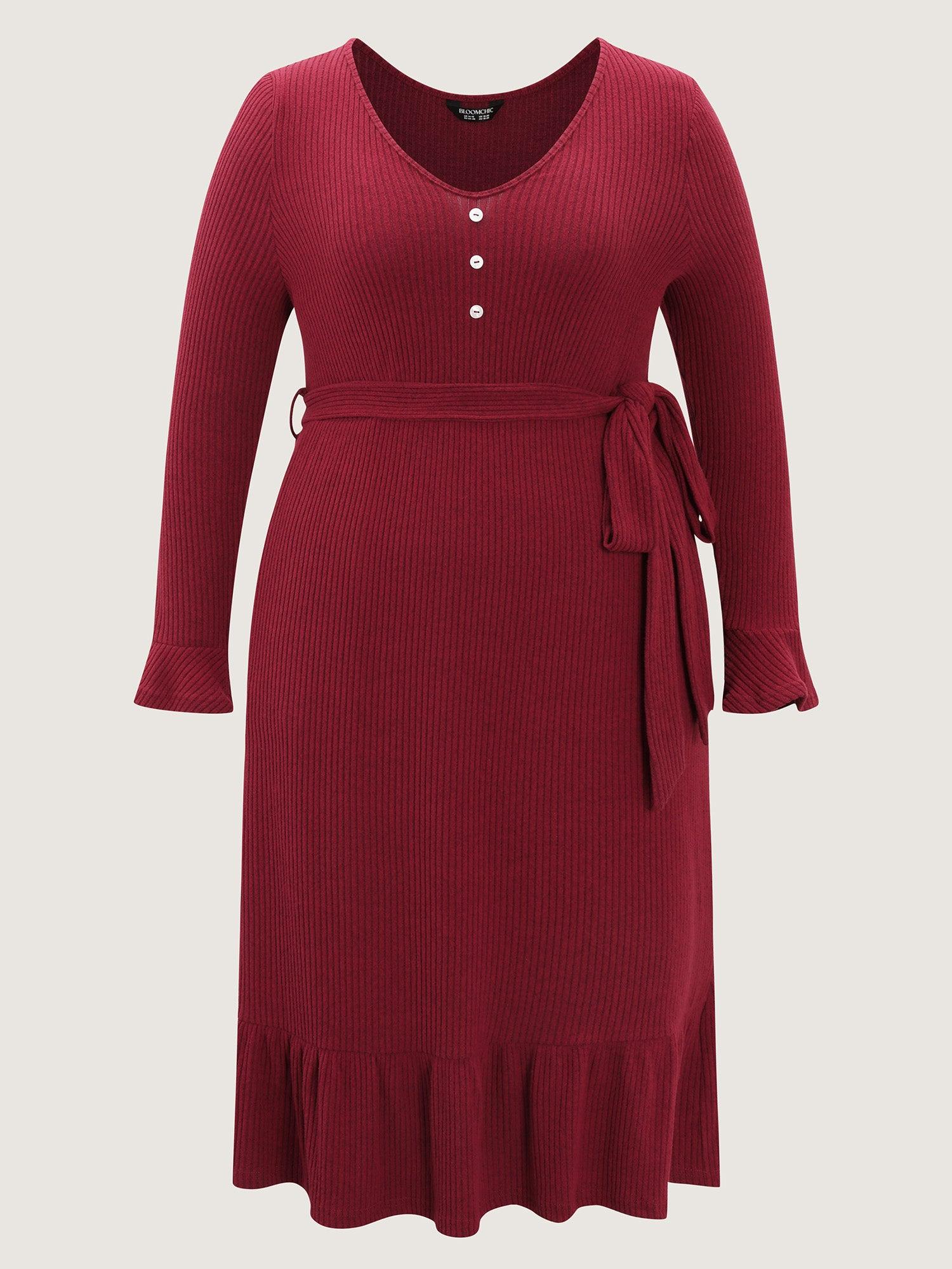 Textured Belted Waist Button Midi Dress Female Product Image
