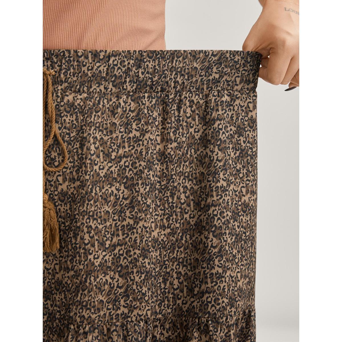 Plus Size Leopard Print Tiered Midi Skirt Women DarkBrown Bodycon High stretch Side seam pocket Casual Skirts BloomChic 12/L Product Image