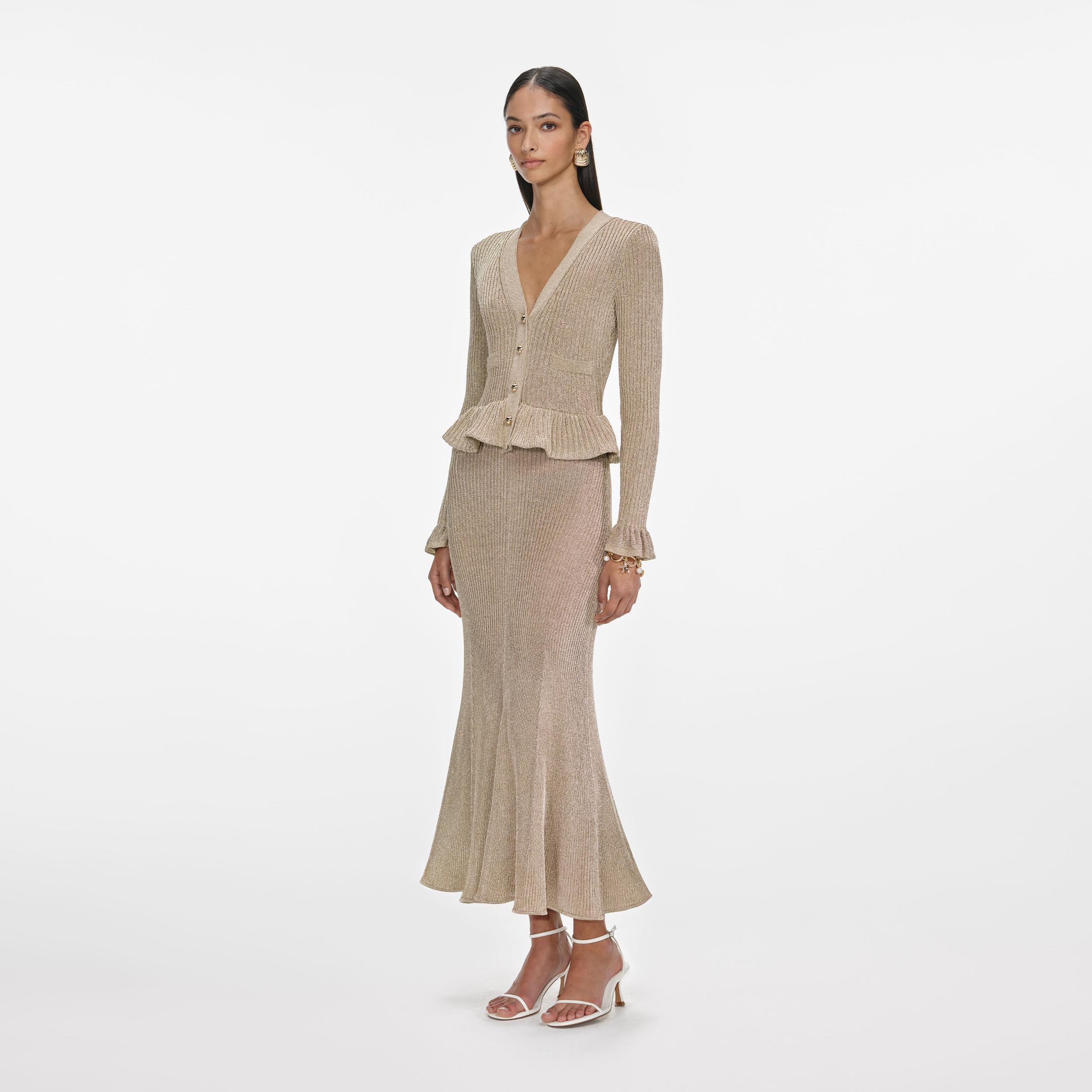 Gold Lurex Peplum Knit Midi Dress Product Image