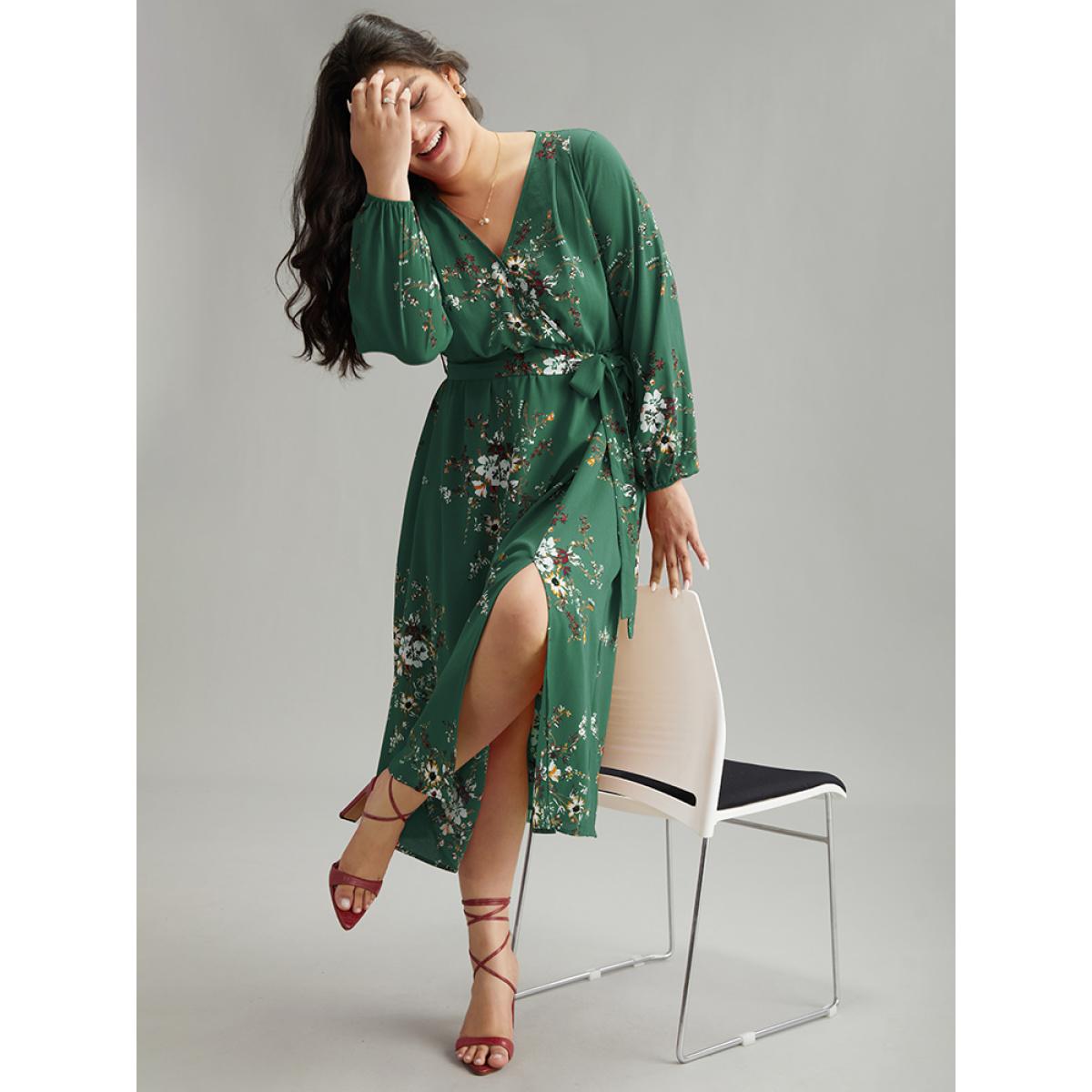 Plus Size Floral Print Belted Split Surplice Neck Dress Mint Women Elegant Elastic cuffs Overlap Collar Long Sleeve Curvy Midi Dress BloomChic 18-20/2X Product Image
