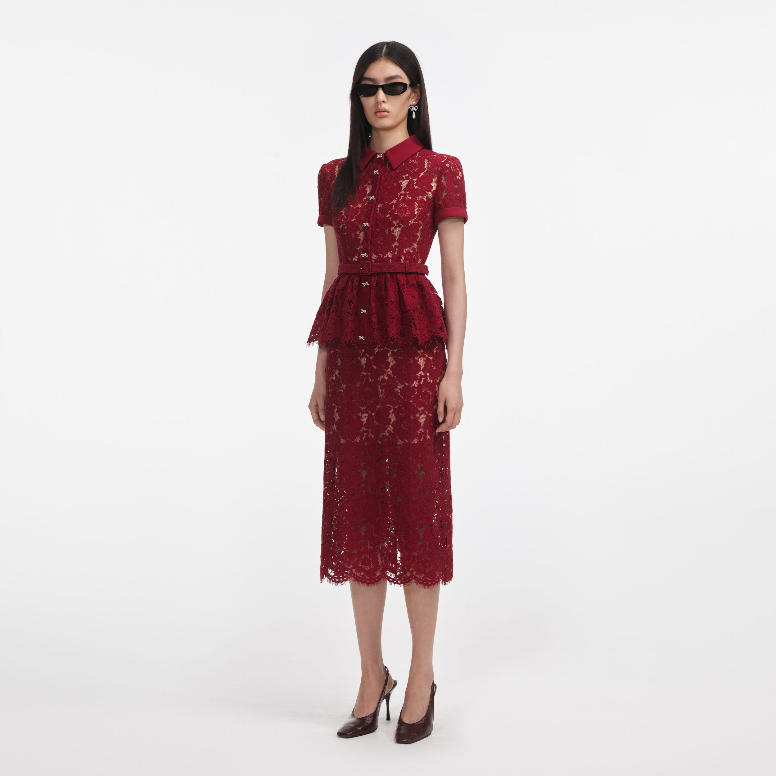 Burgundy Lace Peplum Midi Dress Product Image