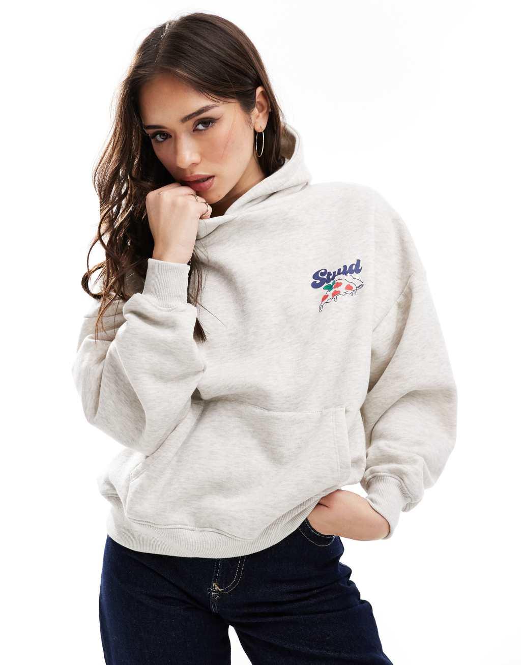 Pull&Bear STWD pizza graphic oversized hoodie in gray heather Product Image