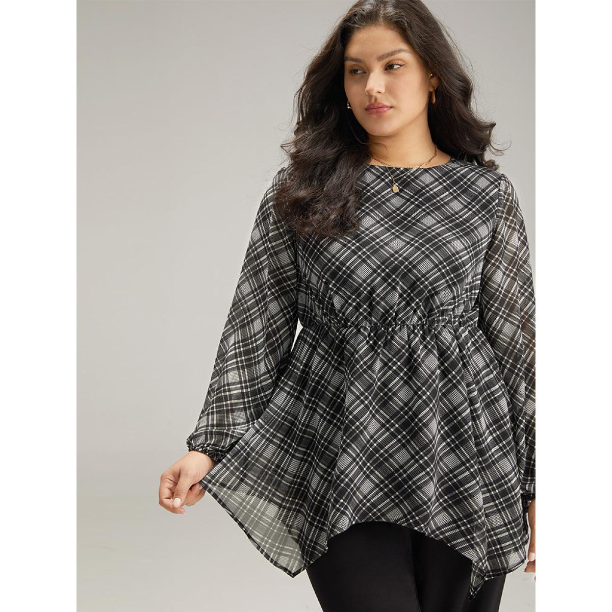 Plus Size Black Plaid Chiffon Lantern Sleeve Hanky Hem Blouse Women Office Long Sleeve Round Neck Office Blouses BloomChic 26/4X Product Image