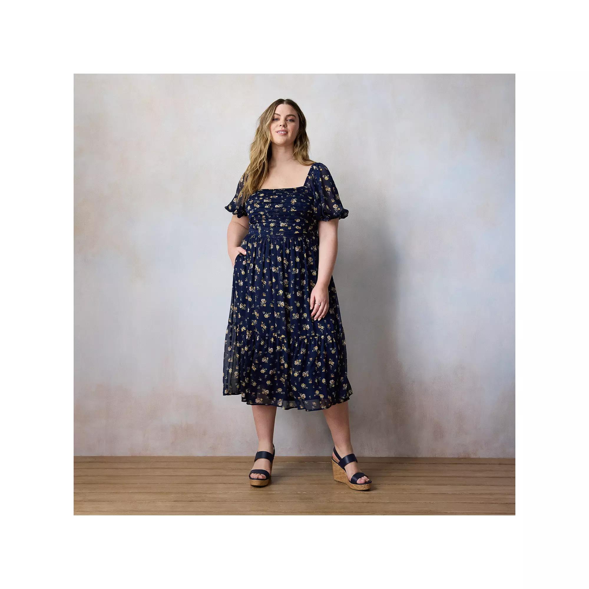 Plus Size LC Lauren Conrad Pleated Bodice Midi Dress, Women's, Size: 0X, Blue Rosa Blooms Product Image