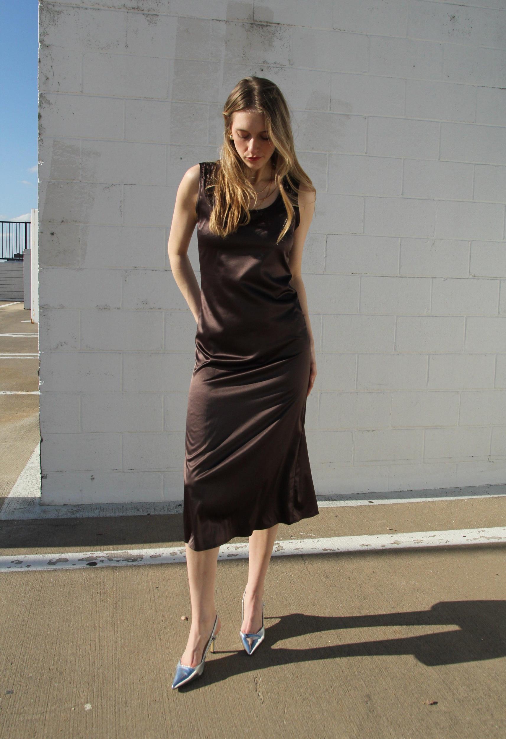 Brown Draped Satin Dress Product Image