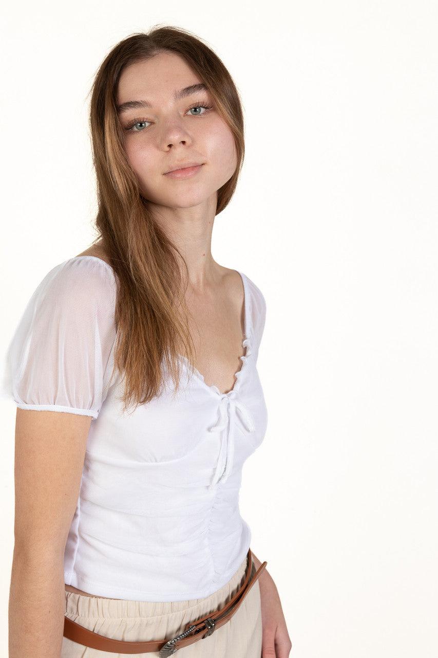 White Mesh Tie Up Milkmaid Top Product Image