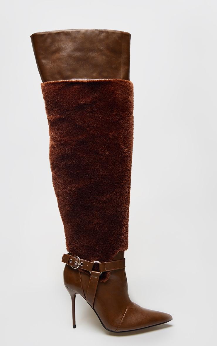 Brown PU Faux Fur Point Toe Over The Knee High Stiletto Heeled Boots Product Image