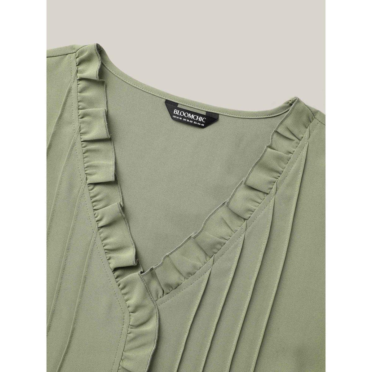Plus Size Sage Ruffled Neck Toothpick Pleats Lotus Leaf Sleeve Shirt Women Elegant Short sleeve V-neck Everyday Blouses BloomChic 26/4X Product Image
