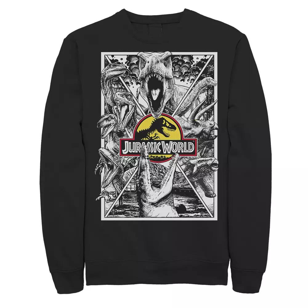 Men's Jurassic World Black and White Comic Dinos Fleece Graphic Pullover,  Product Image