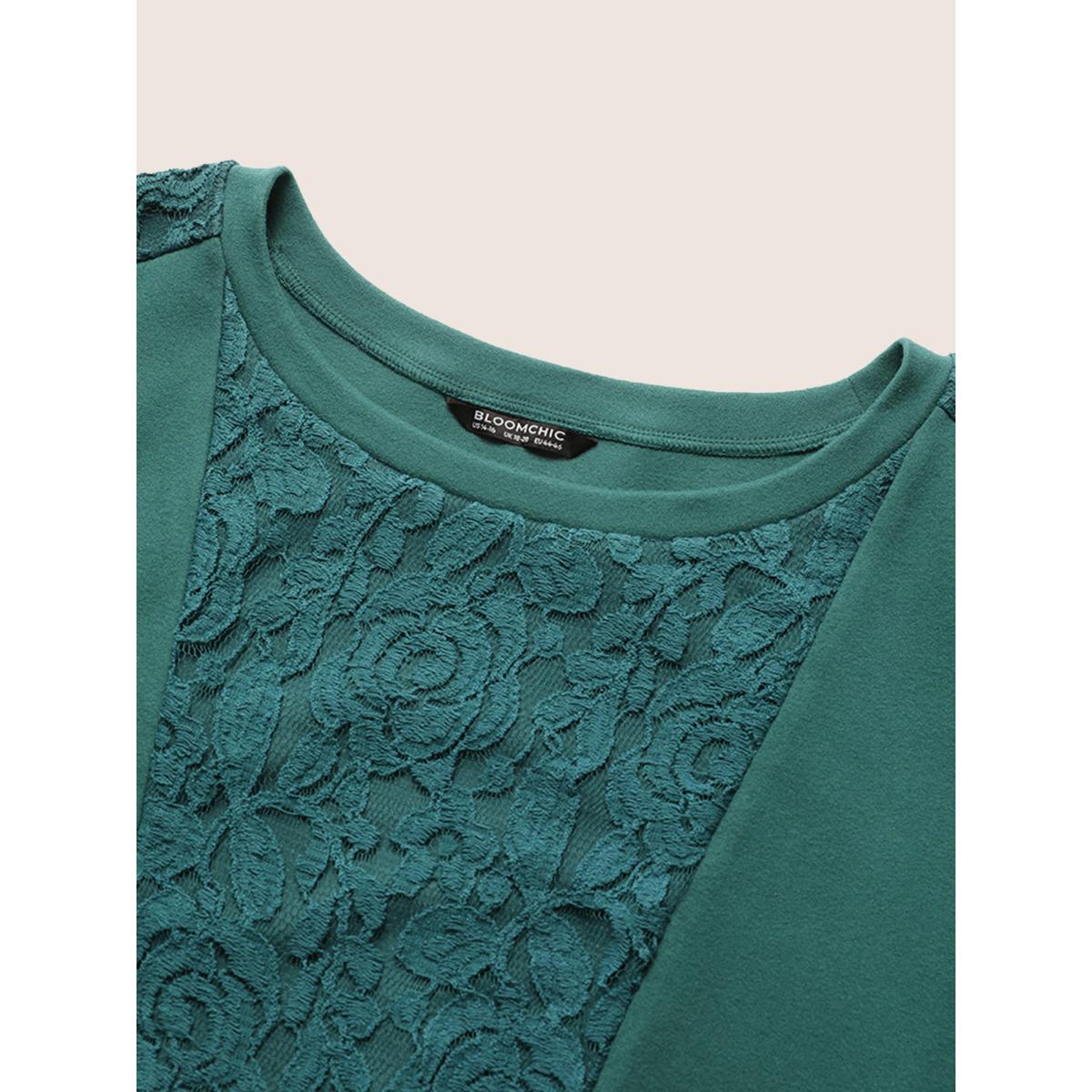 Plus Size Solid Lace Patchwork Crew Neck Sweatshirt Women Cyan Elegant Plain Round Neck Dailywear Sweatshirts BloomChic 22-24/3X Product Image