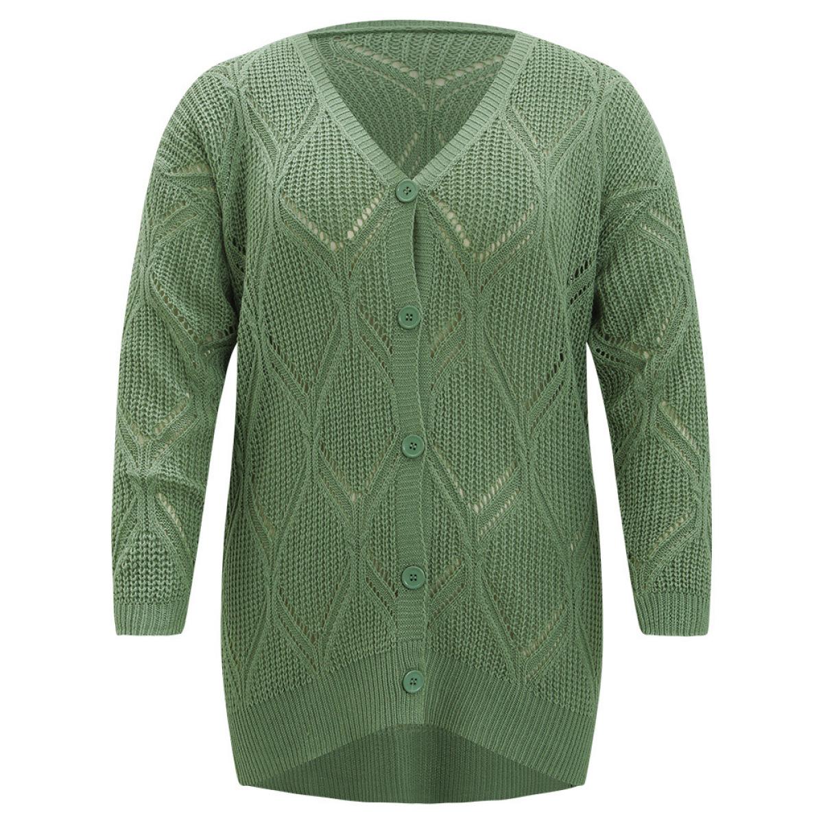 Plus Size Geo Plisse Button Through Elastic Cuffs Cardigan Green Women Casual Loose Long Sleeve Everyday Cardigans BloomChic 18-20/2X Product Image