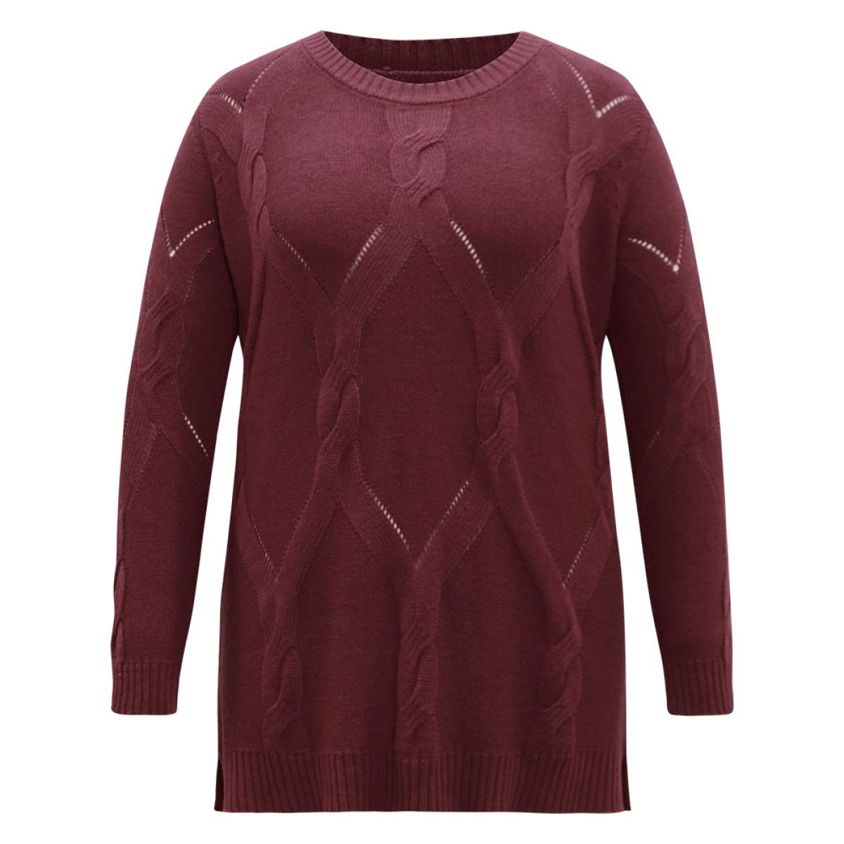 Plus Size Eyelet Cable Knit Elastic Hem Pullover Burgundy Women Casual Loose Long Sleeve Round Neck Dailywear Pullovers BloomChic 14-16/1X Product Image