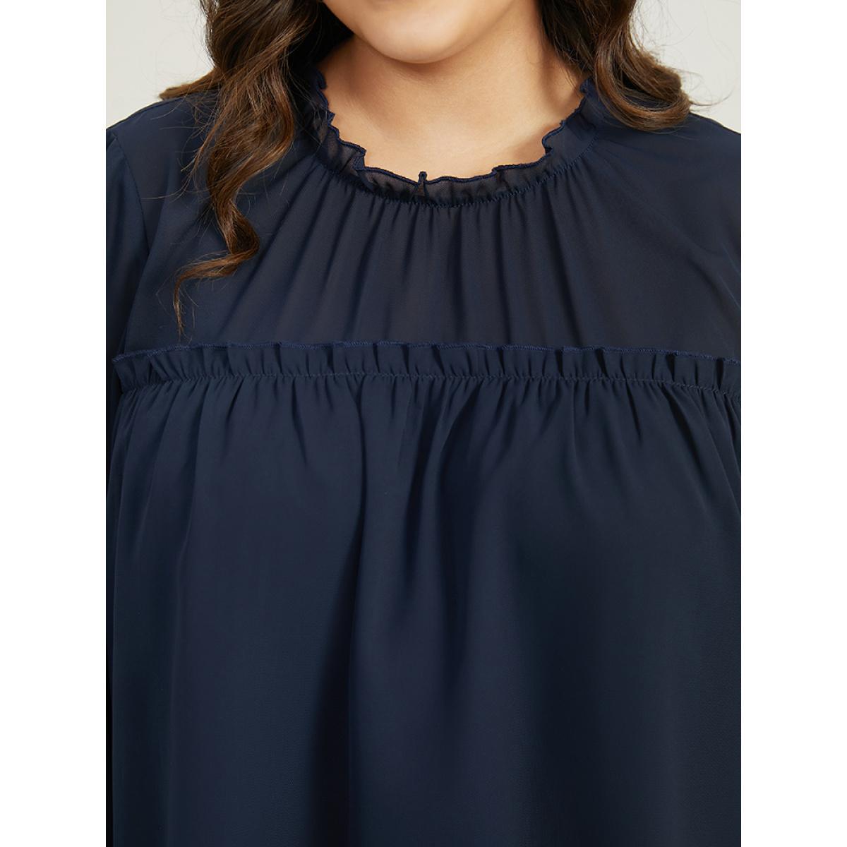 Plus Size Indigo Anti-Wrinkle Frill Trim Lantern Sleeve Blouse Women Office Long Sleeve Round Neck Work Blouses BloomChic 10/M Product Image