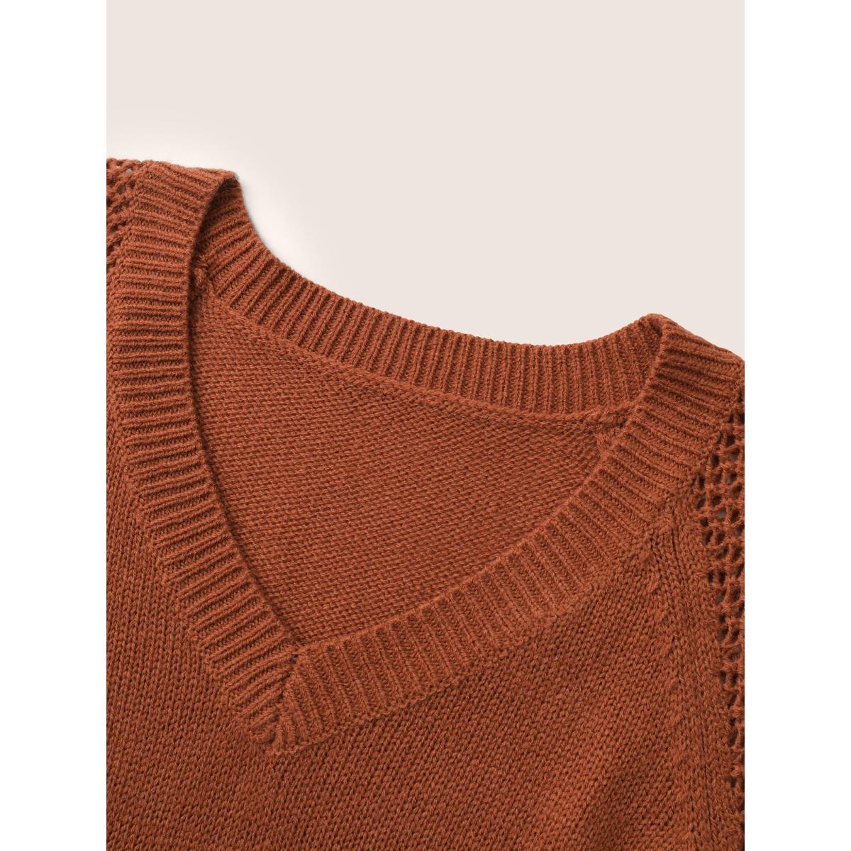 Plus Size Geometric Hollow Out Raglan Sleeve Pullover Chocolate Women Casual Long Sleeve V-neck Everyday Pullovers BloomChic 30/6X Product Image