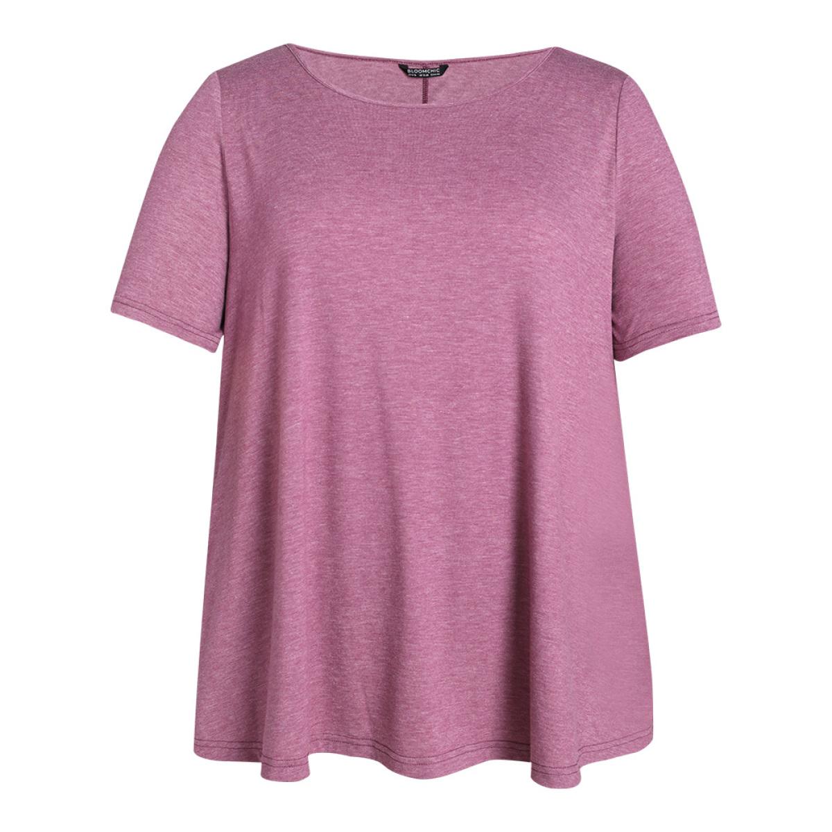 Plus Size Plain Heather Pocket Round Neck T-shirt Mauve Women Casual Plain Plain Round Neck Dailywear T-shirts BloomChic 14-16/1X Product Image
