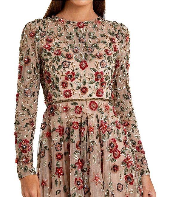 Mac Duggal Floral Beaded Crew Neck Long Sleeve Pleated Chiffon Gown Product Image